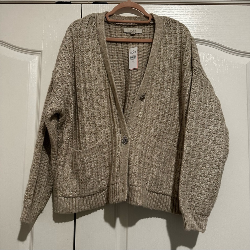 LOFT Oversized Sweater with Jeweled Buttons Sz XXL NWT Beige/Tan w/ gold